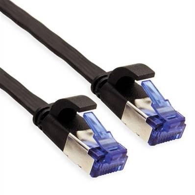 Cordon RJ45 plat Cat 6A F/FTP snagless noir manchon court - 0.5 m