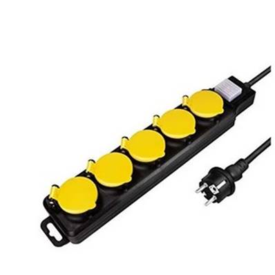 Multiprise 5PC noire capot jaune IP44 + inter cordon 3G1.5 mm² 1.5m